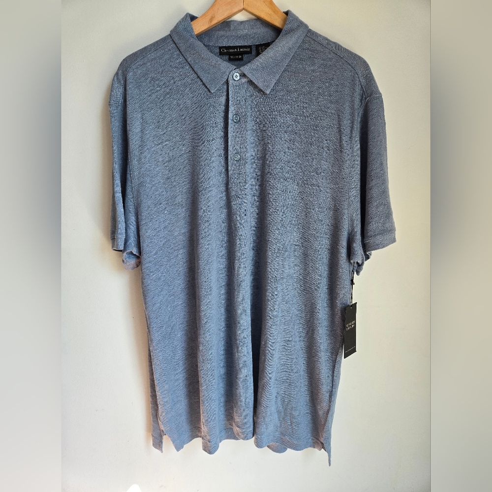 New CHRISTIAN LACROIX Blue-Gray Linen Polo Shirt